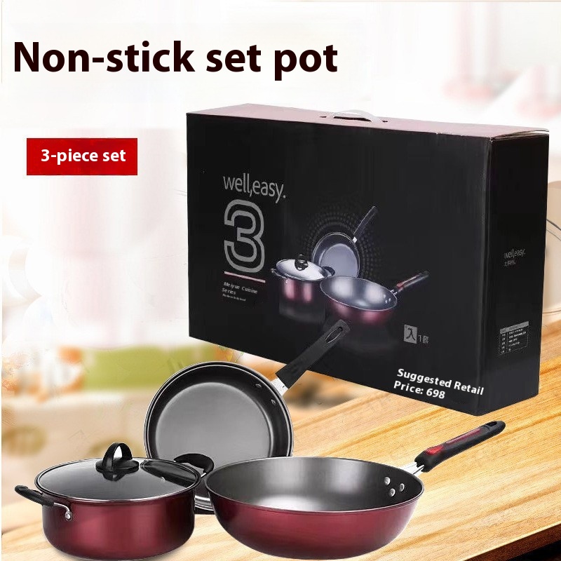 Non-stick Cookware Three-piece Set Household Kitchen Induction Cooker Pot Flat Bottom Frying Pan