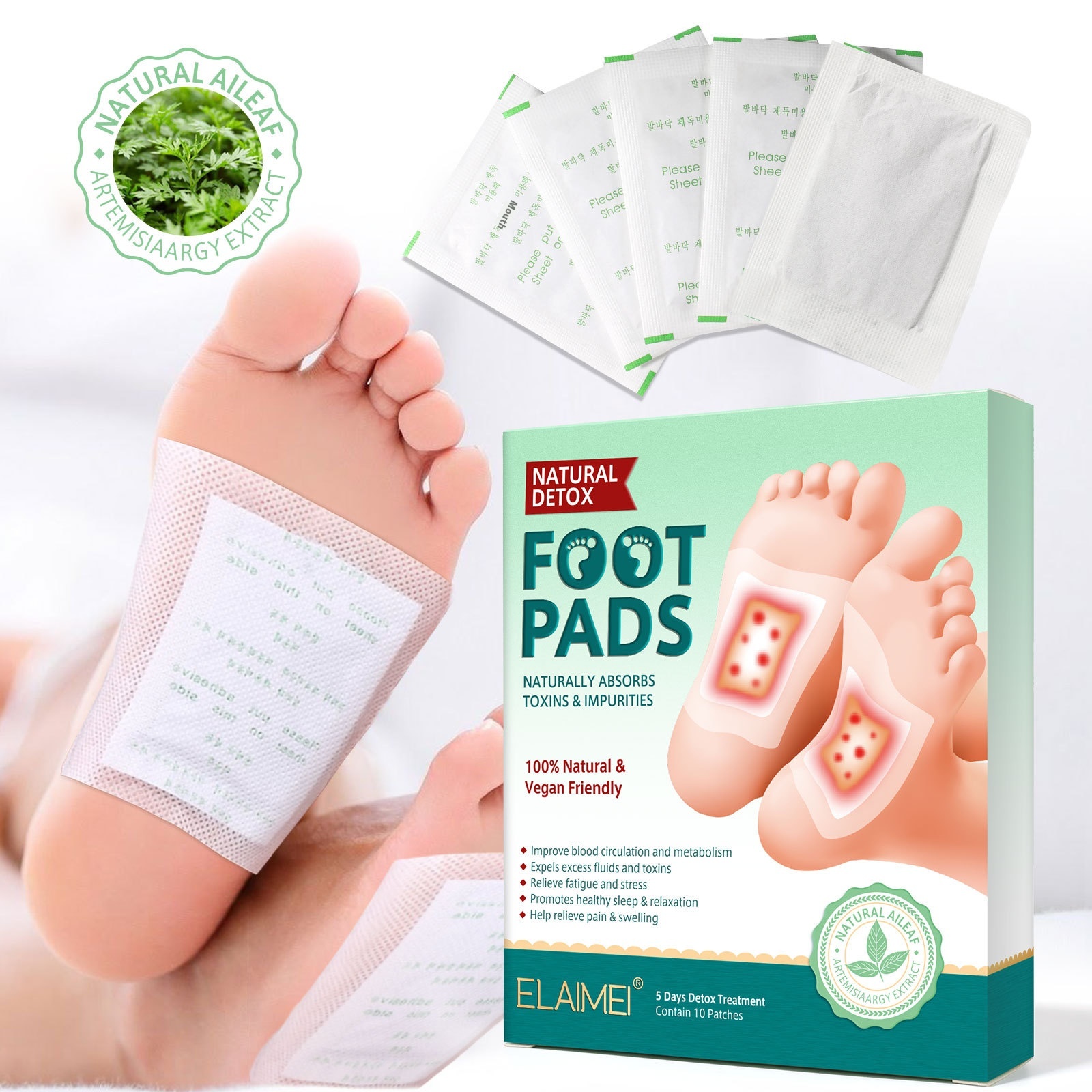E L A I M E I Anti-fatigue Beauty Care Mugwort Health Sleep Foot Patch Foot Care Straight Hair10 Patches/box