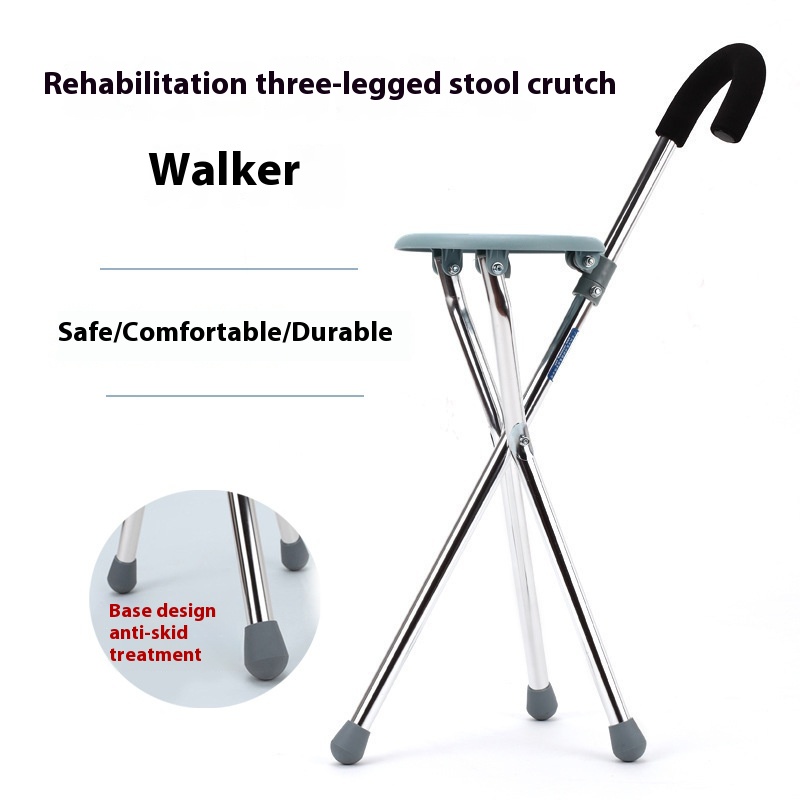 Foreign Trade Stainless Steel Crutches Rehabilitation Walker Elderly Three-legged Crutches With Stool Folding Portable Crutches