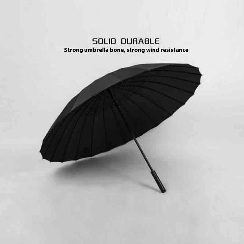 Extra Large Double Straight Umbrella24 Rib Wind-resistant Black Long Handle Men's Straight Umbrella Solid Color