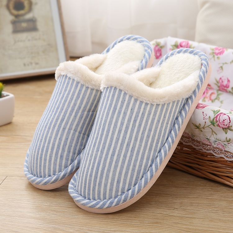 Autumn And Winter Striped Home Cotton Slippers Indoor Men And Women Couples Anti-slip Plush Warm Thick-soled Home Slippers