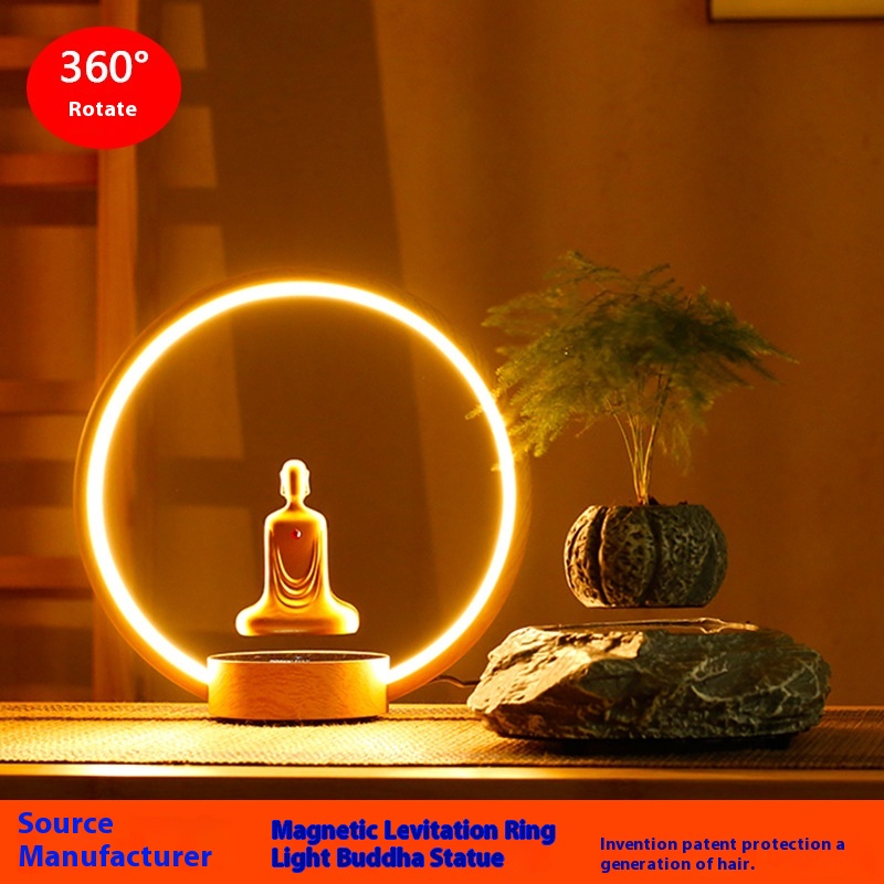 Magnetic Levitation Buddha Statue Self-rotating LEDLuminous Ring Table Lamp Magnetic Levitation Faceless Buddha Formless Zen Meditation Home Decoration
