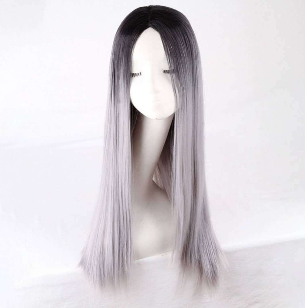 European And American Foreign Trade Ladies' Fashionable Black Gradient Silver-gray Long Straight Hair High-temperature Silk Chemical Fiber Hair With A Minimum Order Of One Piece