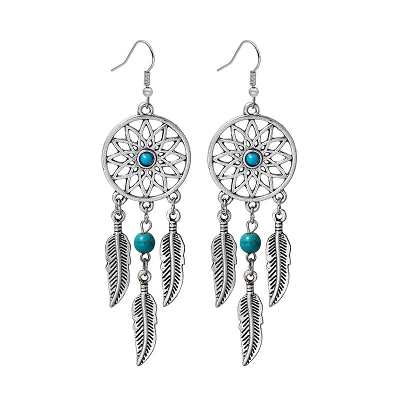Turquoise Dreamcatcher Tassel Stud Earrings,Elegant Earrings,Leaf Hollow Earrings