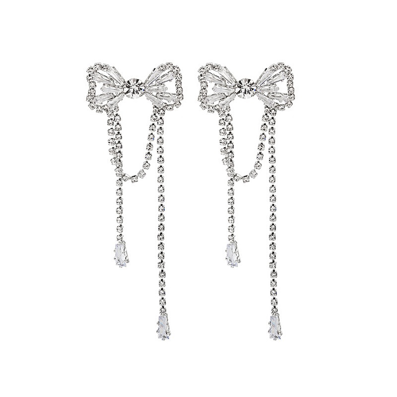 Silver Pin Elegant Long Tassel Bow Earrings,Designed Earrings,Stud Earrings