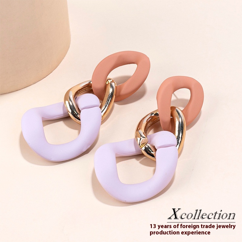 Retro Hong Kong Style Chain Resin Color Matching Earrings Female
