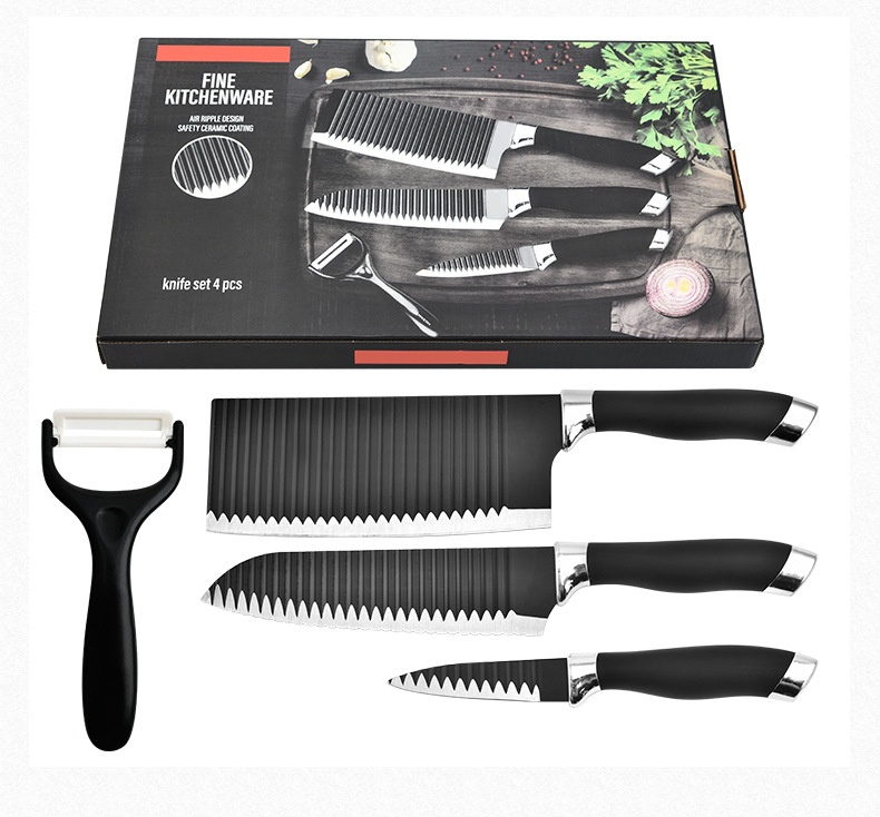 Yangjiang Kitchen Knife Stainless Steel Spray Paint Knife Black Double Electroplating Head Wave Pattern Four-piece Knife Set With Large Kitchen Knife