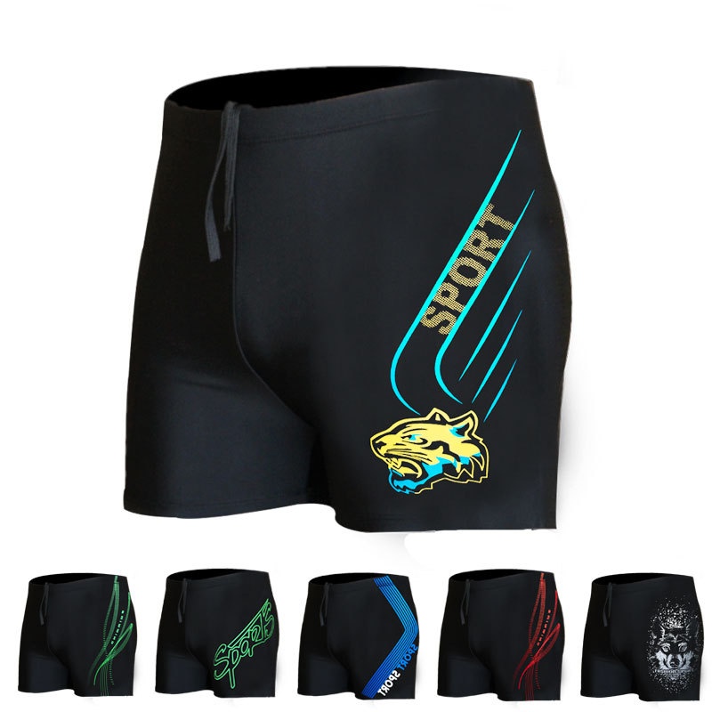 Black Men's Swim Trunks Printed Men's Boxer Swimming With Drawstring Training Simple Elastic Holiday Swimsuit Quick Dry