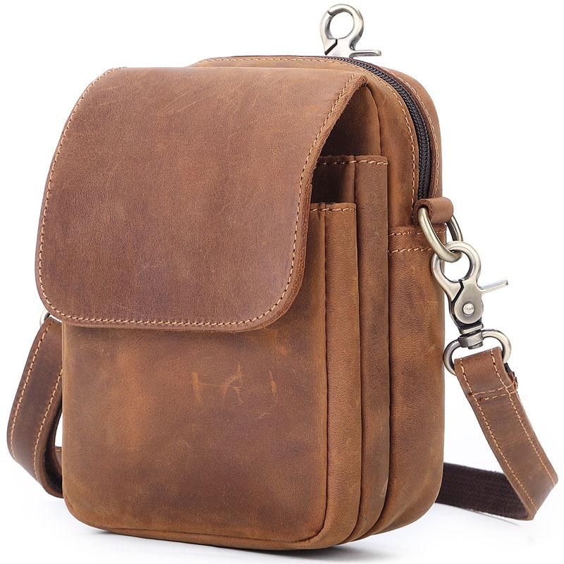 Men's Genuine Leather Waist Bag Crazy Horse Leather Mobile Phone Crossbody Bag Retro Outdoor Three-layer Belt Hanging Bag