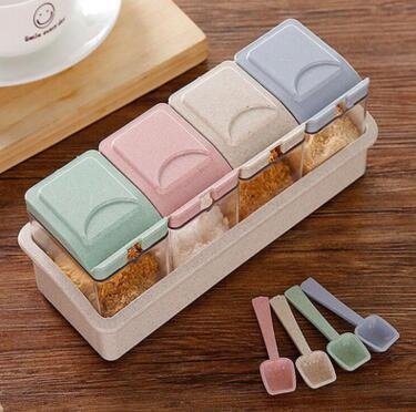 A2430 Wheat Straw Seasoning Jar Set Kitchen Seasoning Salt Jar Seasoning Jar Seasoning Box