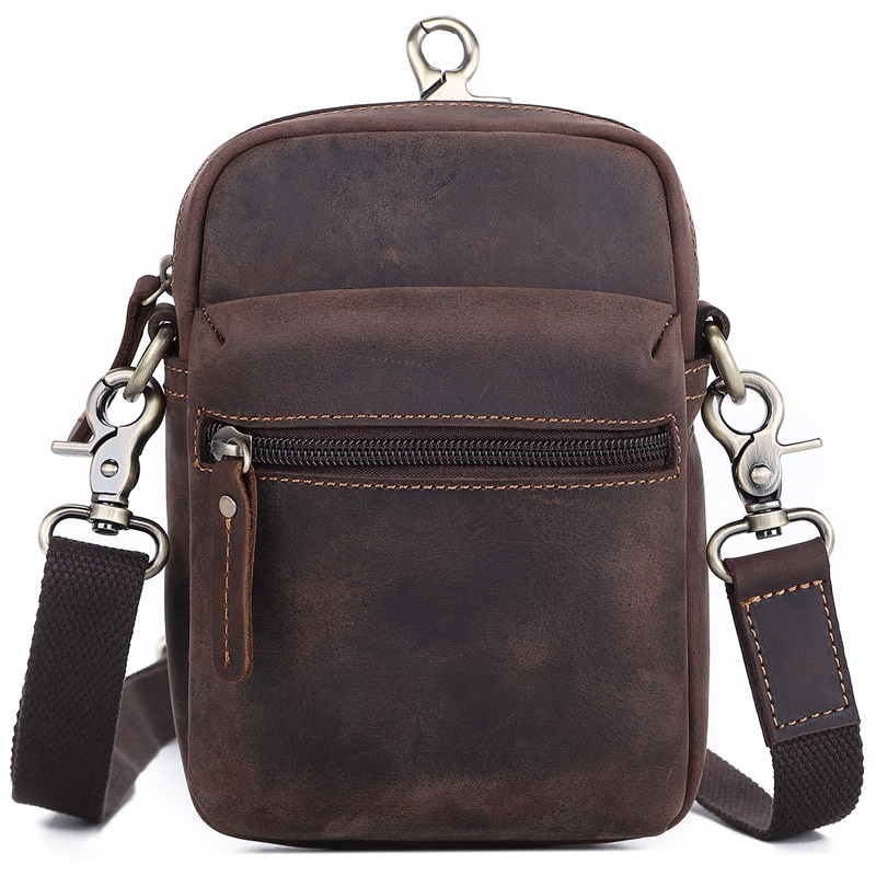 Multifunctional Genuine Leather Men's Shoulder Bag Crossbody Bag Retro Crazy Horse Leather Mobile Phone Waist Bag