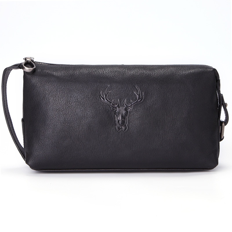 Unisex Genuine Leather Storage Cosmetic Bag Retro Travel Toiletries Bag Deer Head Layer Cowhide Multifunctional Clutch Bag
