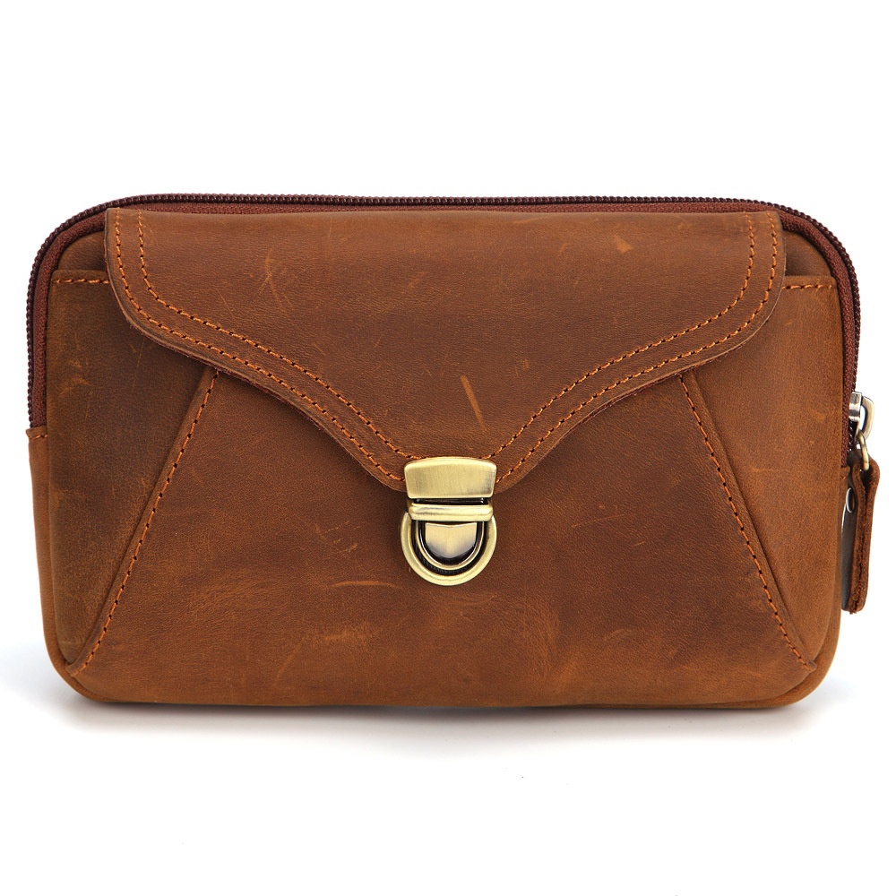 Style Waist Bag7 Inch Crazy Horse Leather Mobile Phone Bag Double Layer With Cover Casual Genuine Leather Buckle Bag Wear-resistant Cowhide Bag