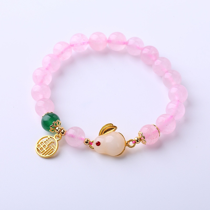 Hot Pink Crystal Jade Rabbit Girlfriends Bracelet Jewelry Ethnic Style Retro Natural Beaded Crystal Bracelet