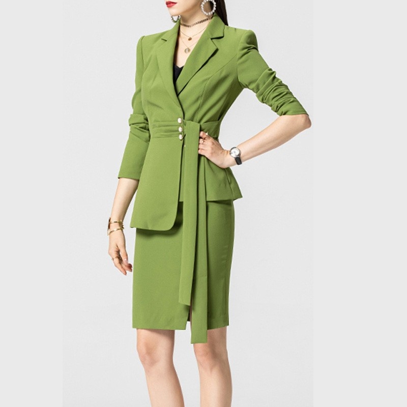 Spring,Summer And Autumn Green Fashion Waist Professional Suit OLBusiness Long-sleeved Suit Collar Two-piece Suit