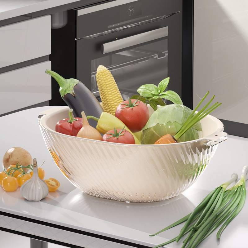 Double-layer Drain Basket Vegetable Washing Basin Fruit Plate Kitchen Living Room Household Round Vegetable Basket Plastic Gift List