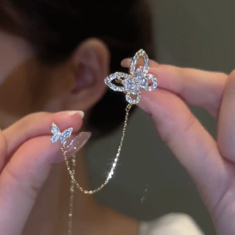 Light Luxury Full Diamond Butterfly Ear Clip Ear Wire Integrated Earrings High-end Exquisite Double Butterfly Ear Bone Clip Niche Earrings