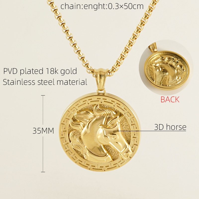 European And American Stainless Steel3 DHorse Head Pendant"horse"Gold Round Stainless Steel Hip-hop Men's Necklace