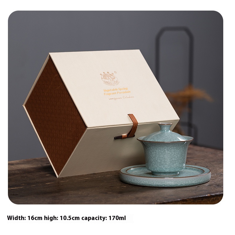 Empty Mountain Rain Longquan Celadon Sancai Covered Bowl Large Tea Cup Ceramic Ice Flower Ice Crack Hand-Grabbed Tea Bowl