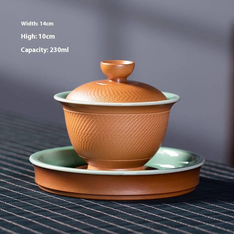 Empty Mountain Rain Longquan Celadon Pure Work Jumping Knife Sancai Covered Bowl Ceramic Kung Fu Tea Set Large Tea Bowl Teacup