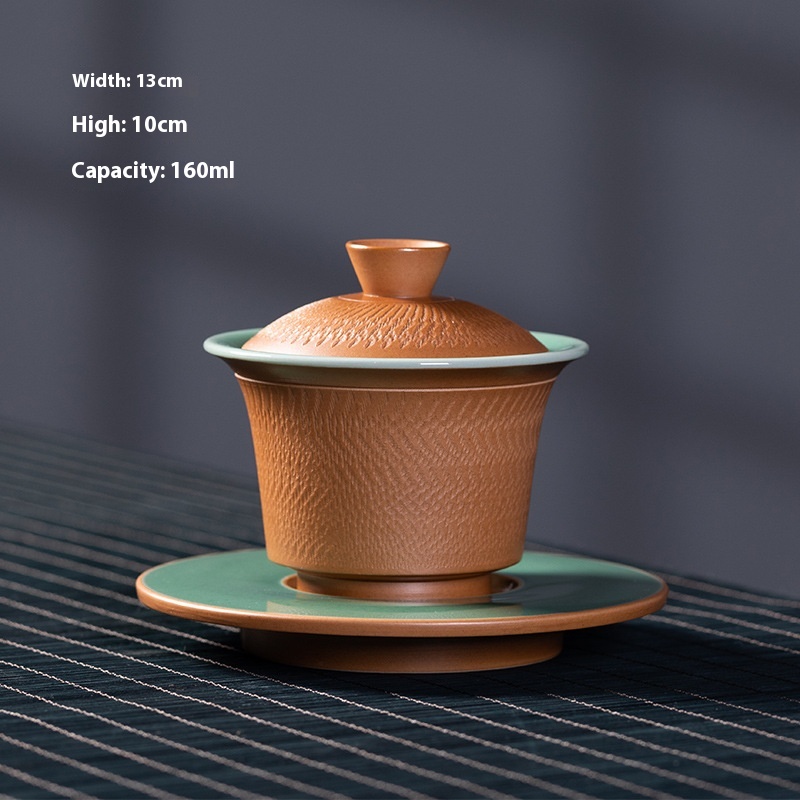 Empty Mountain Rain Longquan Celadon Handmade Jumping Knife Covered Bowl Single Ceramic Large Chinese Tea Bowl Sancai Tea Bowl