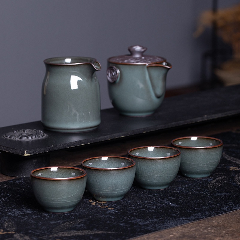 Kongshan Xinyu Longquan Celadon Iron-based Kung Fu Tea Set Ceramic One Pot And Four Cups Travel Portable Quick Cup Set