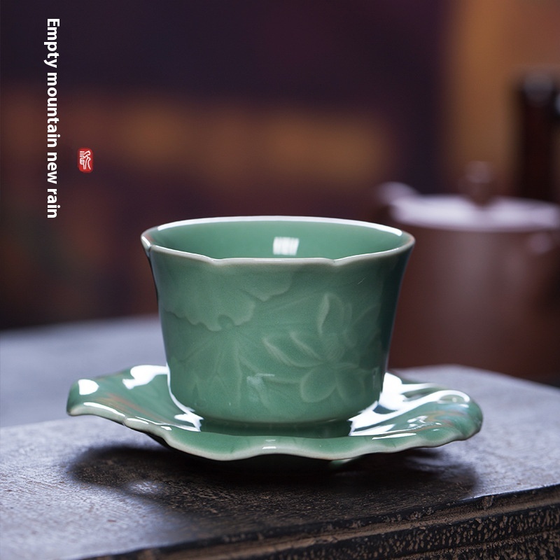 Empty Mountain Rain Longquan Celadon Handmade Lotus With Cup Holder Master Cup Ceramic Kung Fu Tea Cup Single Cup Tea Cup