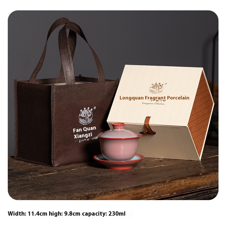 Empty Mountain Rain Longquan Celadon Sancai Gaiwan Household Red Glaze Gaiwan Tea Ceramic High-end Kung Fu Tea Bowl Teacup