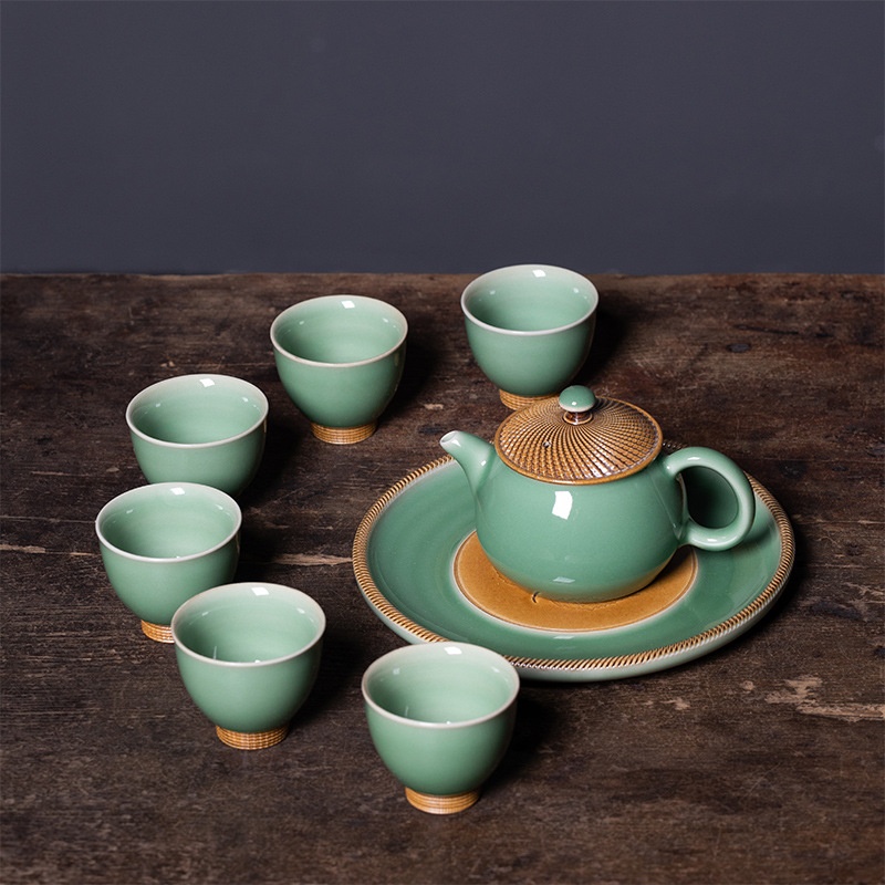 Empty Mountain Rain Longquan Celadon Retro Handmade Jumping Knife Teapot Cup Ceramic Household Light Luxury Kung Fu Tea Set