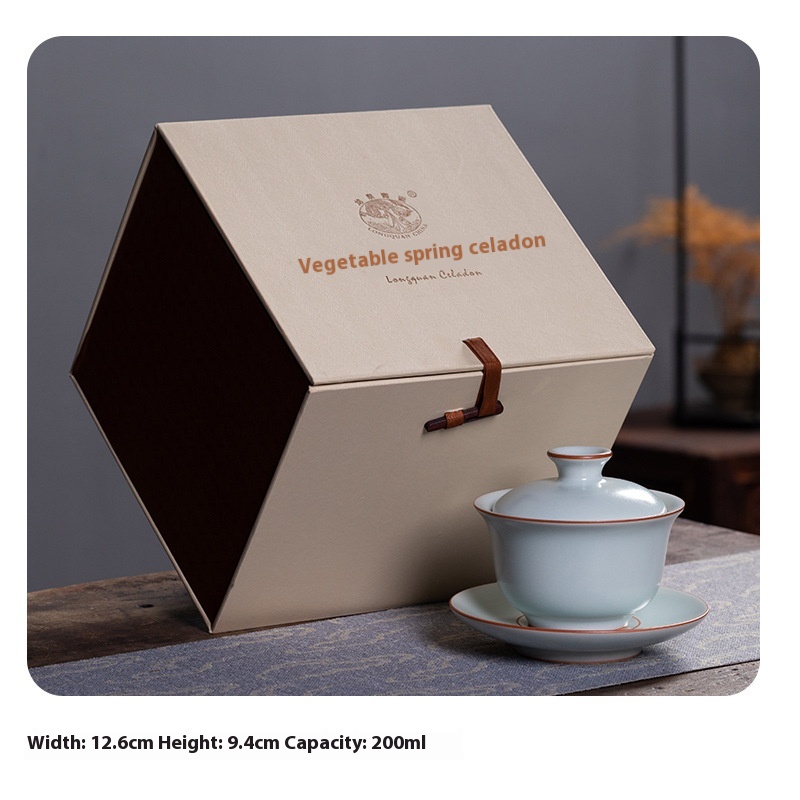 Empty Mountain Rain Longquan Celadon Sancai Gaiwan Kung Fu Tea Set Tea Bowl Ceramic High-end Pure Handmade Tea Brewing Device