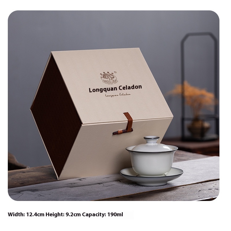 Empty Mountain Rain Longquan Celadon Sancai Covered Bowl Tea Cup Ceramic Large Capacity Hand-Grabbed Tea Bowl Kung Fu Brewing Tea Set
