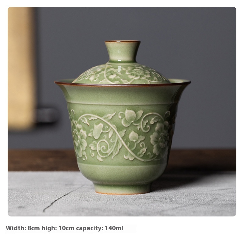 Empty Mountain Rain Longquan Celadon Two-Cai Covered Bowl Retro Tea Bowl Ceramic Chinese Kung Fu Tea Cup Tea Bowl