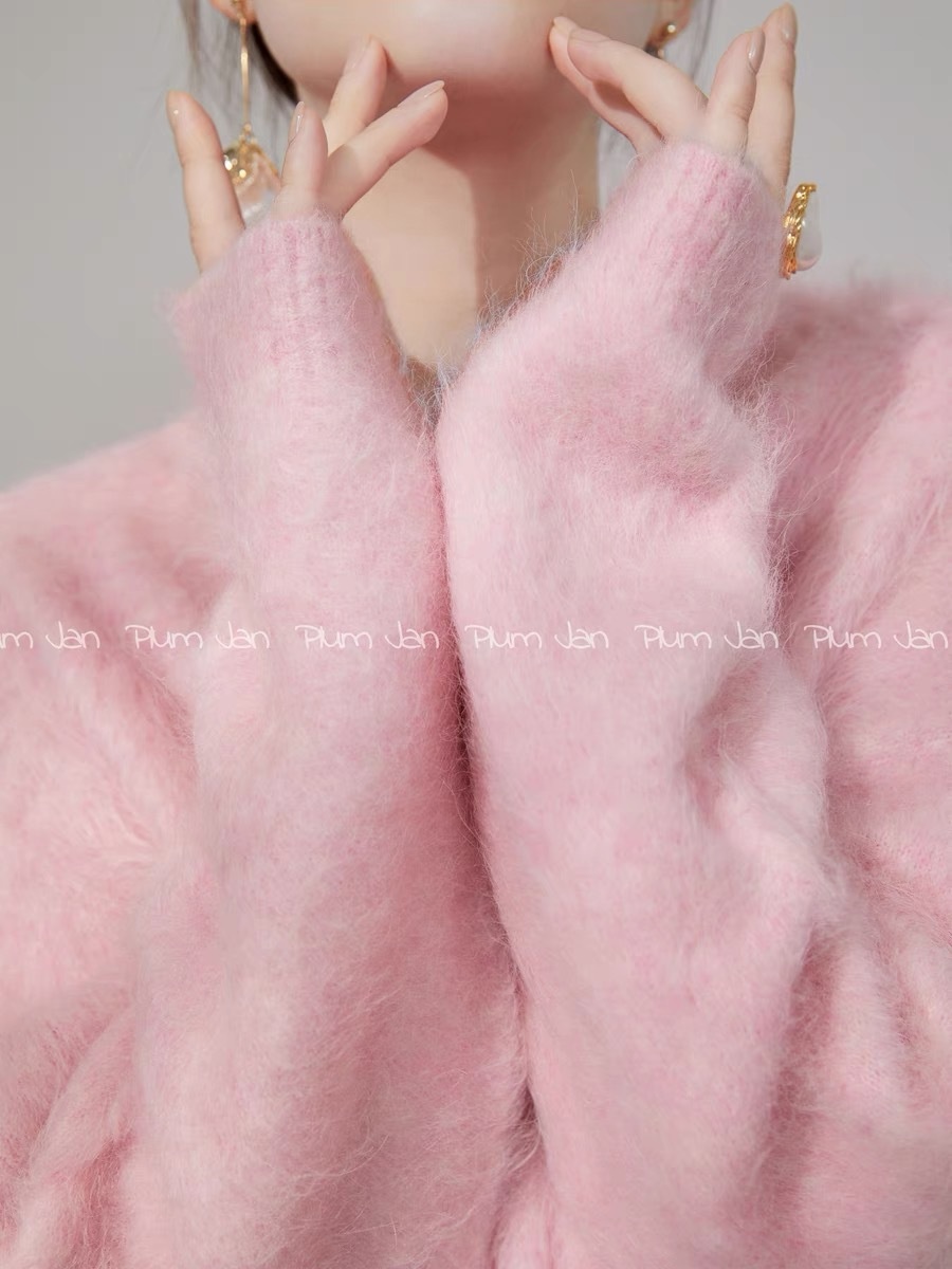 Plum Jan/Super Beautiful Soft Pink Mohair Sweater V-neck Knitted Top For Women In Autumn And Winter With AHigh-end Feel