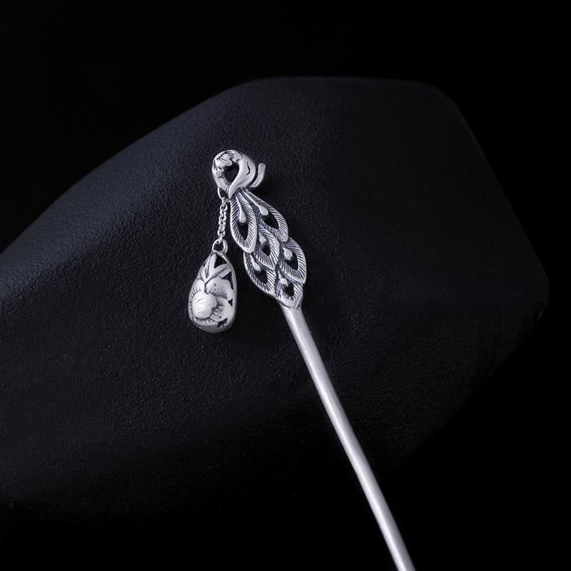 S925 Silver-plated Retro Ethnic Style Old Classical Step-shaking Hairpin Phoenix Wearing Peony Peacock Hairpin Ancient Costume And Ceremony
