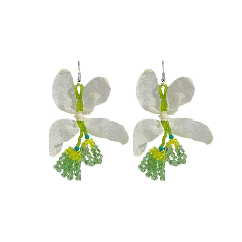 Summer Fresh Fabric Leaf Ear Hooks Sweet Fragrance Style Earrings Crystal Tassel Lily Of The Valley Earrings