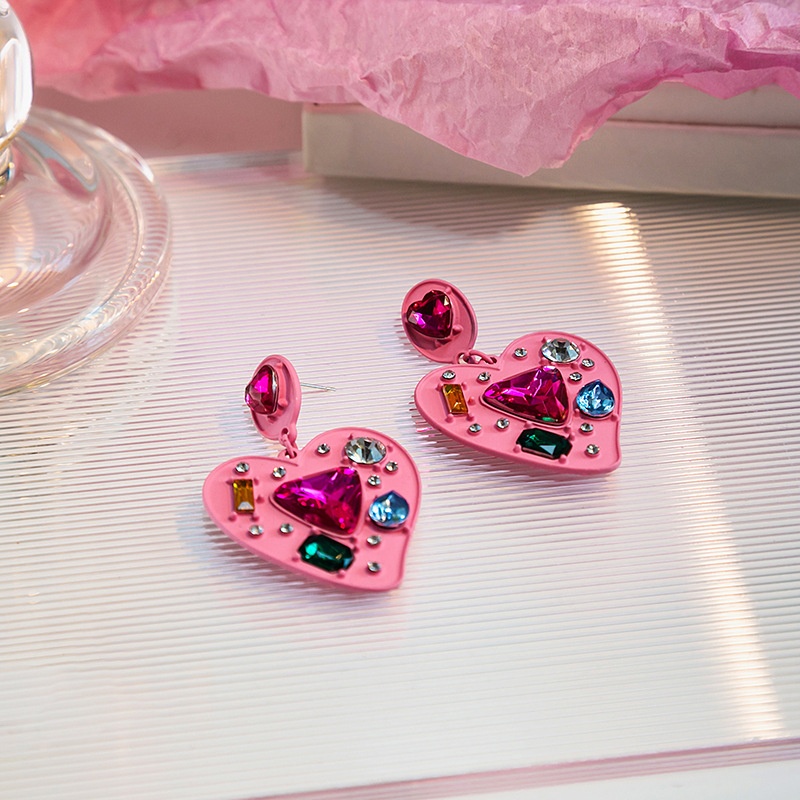 Silver Needle Pink Rhinestone Diamond Heart Earrings European And American Creative Exaggerated Fashion Spray Paint Earrings Female