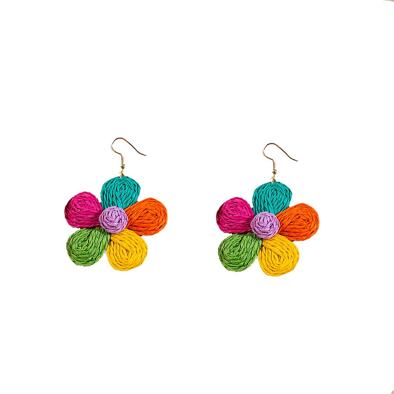 Raffia Exaggerated Flower Ear Hooks,Sweet Personality,Color Matching Wreath,Niche Earrings,y Hand-woven Earrings