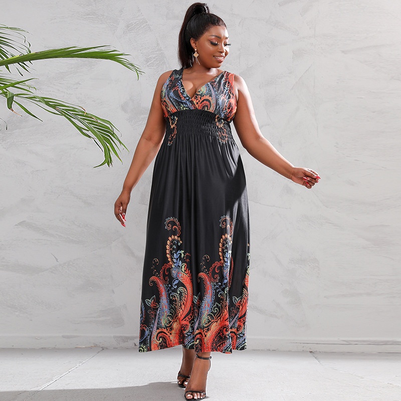 Bohemian Retro Perlis Plus Size Dress Ethnic Style Seaside Beach Holiday Long Dress
