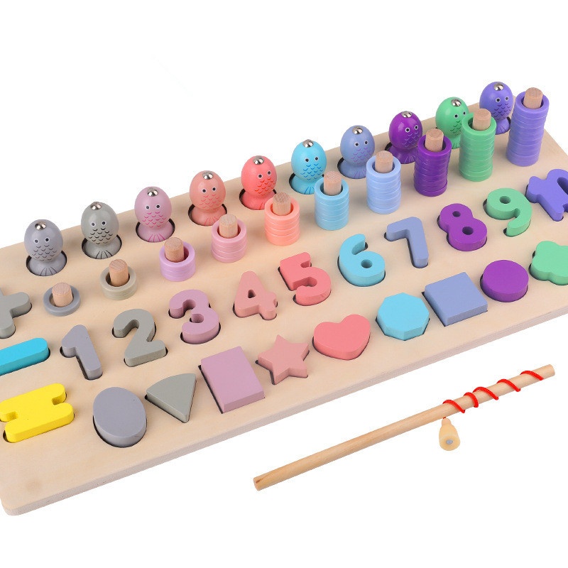 Macaron Number Shape Four-in-one Logarithmic Board Fishing Toy Kindergarten Learning Mathematics Wooden Puzzle