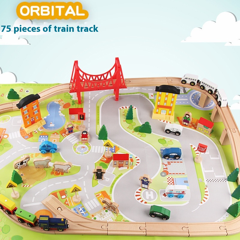 Wooden Thomas75-piece Track Car Train Building Block Set Wooden Children's Educational Assembly Toy