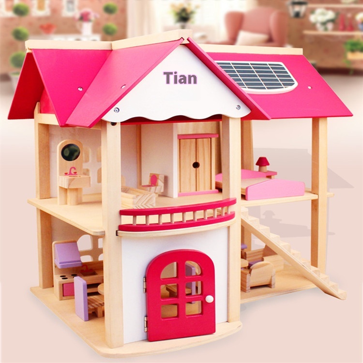 Pink Princess Doll House Villa Cabin Play House Creative DIYHouse Puzzle Assembly Wooden Toys