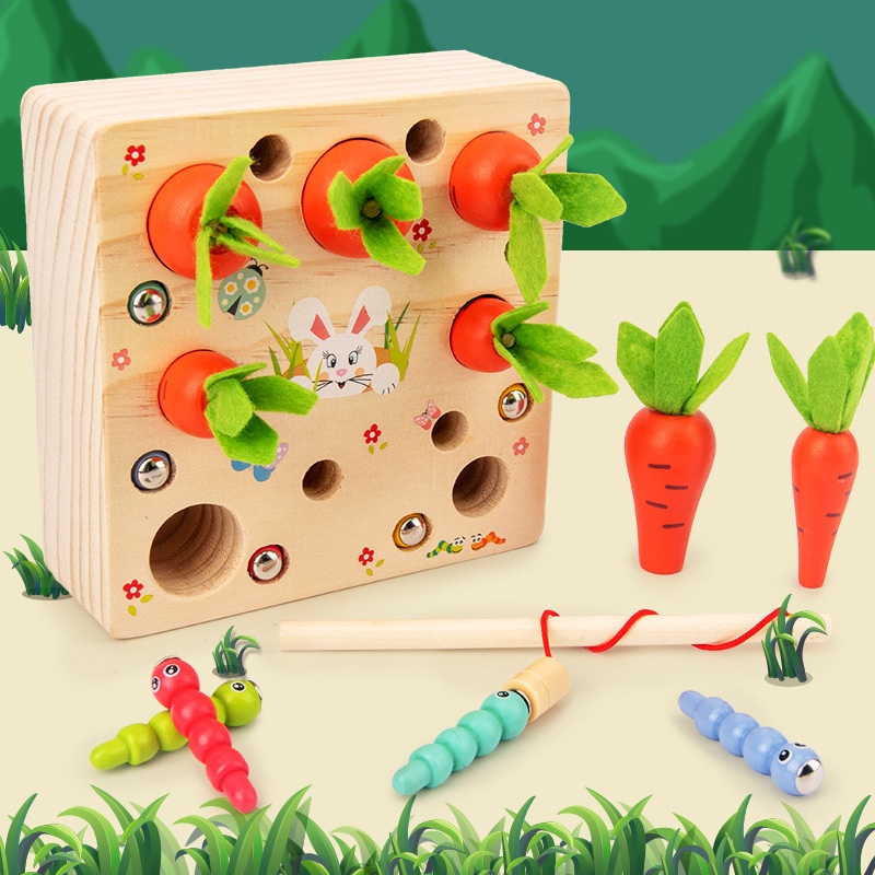 Children's Simulation Pulling Carrots And Catchingects Toys Kindergarten Puzzle Game3-5-6 Years Old Girls And Boys Wooden Toys