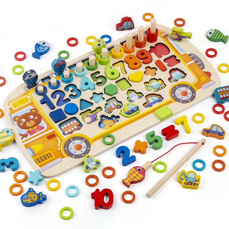 Children's Wooden Multifunctional Bus Logarithmic Board Number Letter Shape Transportation Fishing Jigsaw Puzzle Toy