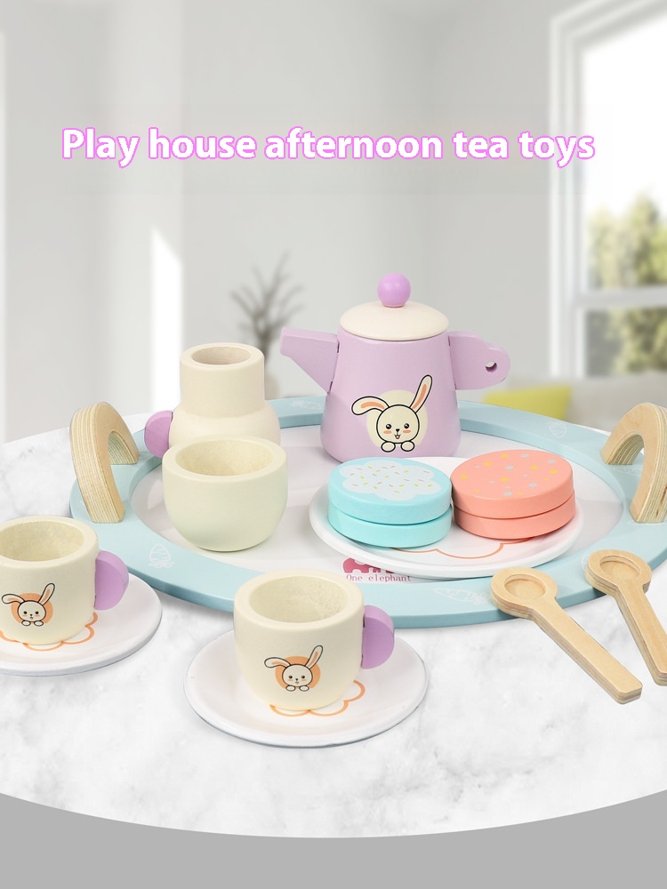Children's Play House Bunny Tea Set Simulation Afternoon Tea Coffee Machine Teapot Tableware Kitchen Dessert Wooden Toys