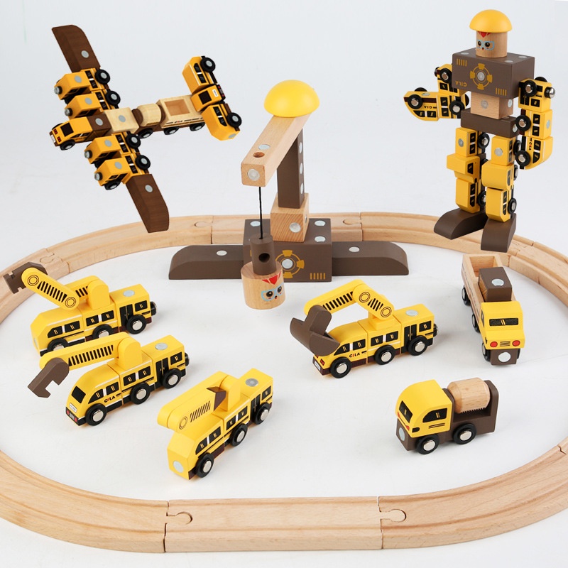 Wooden Train Toy Track Car Magnetic DIYAssembly Changeable Engineering Vehicle Building Blocks Creative Assembly Robot