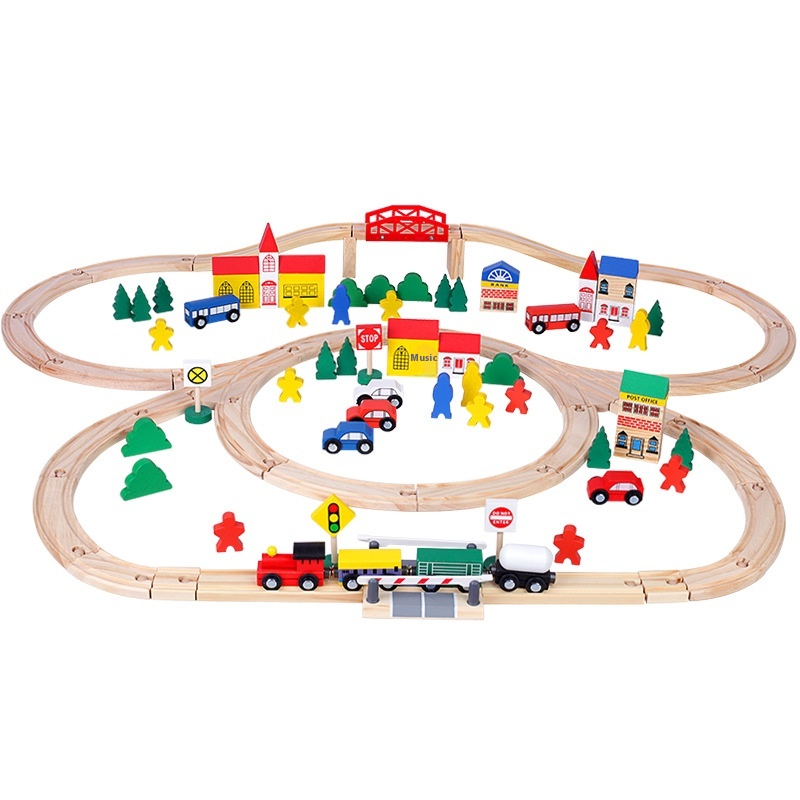 Mubei100pcs Urban Rail Transit Train Track Wooden Assembling Building Blocks Educational Toys