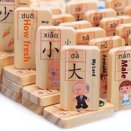 Dingdang Wood100 Pieces Double-Sided Rounded Chinese Character Domino Wooden Building Blocks Children's Educational Toys