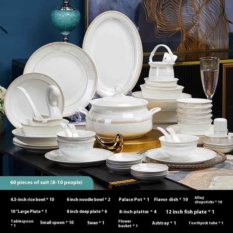 Bowl And Plate Set Gift Box European Style High-end Bone Porcelain Bowl And Plate Combination Modern Light Luxury High-value Tableware Set