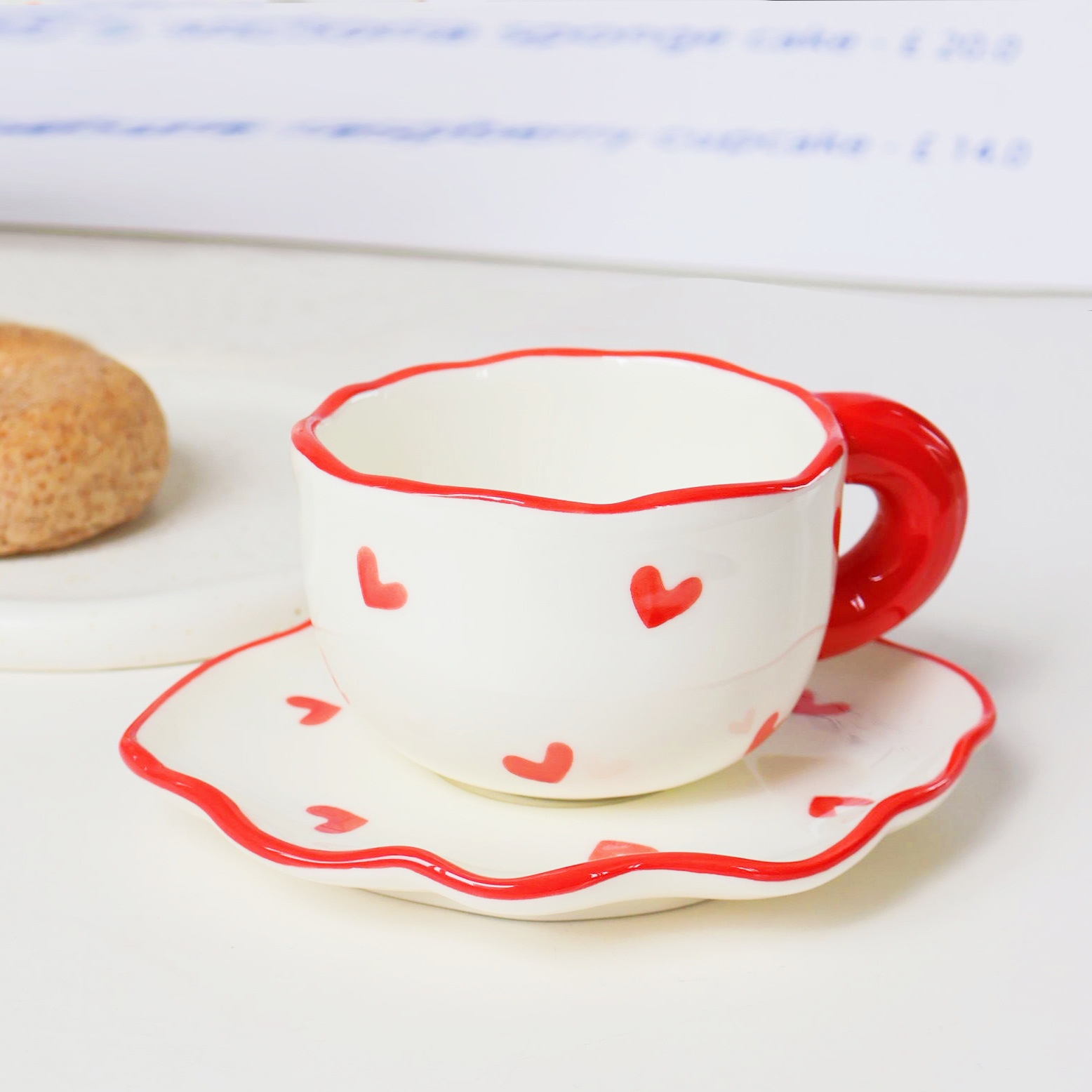 Overseas!Super Cute Hand-painted Red Heart Hand-pinched Coffee Cup And Saucer Set Afternoon Tea Flower Tea Cup