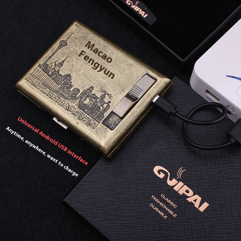 Guipai9029 Macau Wind And Cloud Bronze Condensed Metal20-Piece Cigarette Case With USBRechargeable Lighter